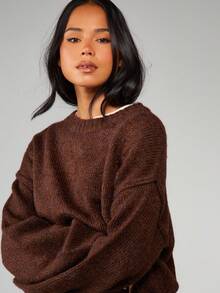 MISSGUIDED Áo len dệt kim dáng rộng có đường may hở, tay dài, có gân, thích hợp mặc nhiều lớp vào mùa thu đông - Cà phê nâu - Xem 4