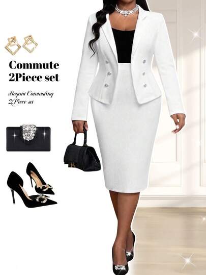 Fleurora Spring And Summer Autumn And Winter Elegant Commuting Office Work White Knitted Lapel Gold Button Long Sleeve Plus Size Blazers Curvy Winter Jacket For Women Plus Size Solid Color Double-Breasted Fitted Elegant Long Sleeve Blazer