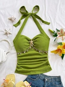 Soleia 女士度假风露背系带海星贝壳装饰荷叶边V领花卉金属扣白色针织纹理修身背心，性感修身时尚上衣，适合派对、约会、邮轮、度假、海滩、婚礼、音乐节、情人节、夜店、波西米亚风等场合。 - 軍綠色 - 查看 3