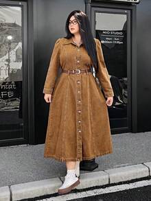SHEIN ICON Váy denim cài nút phía trước thường ngày cỡ lớn - Màu Khaki - Xem 5