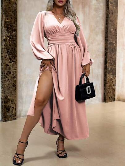 Roveilla Plus Size Women's Pleated High Side Split Dress Maxi Women Outfit Fall Cloth For Women