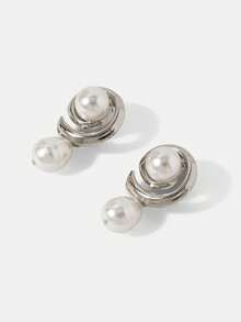 MOTF PREMIUM PENDIENTES DE PERLAS FALSAS SENCILLOS Y VERSÁTILES PARA MUJER, ESTILO CASUAL ELEGANTE - Plateado - Ver 2