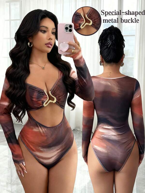 Islaluna Women's Tie-Dye Print Metal Buckle Hollow Out Long Sleeve Bodysuit