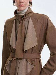 SHEIN LUNE 女士时尚新款秋冬休闲亚麻混纺系带荷叶边下摆长袖高领中长外套，适合商务会议、婚礼、晚宴、通勤、毕业派对、假期、约会、聚会等场合。 - 卡其色 - 查看 3