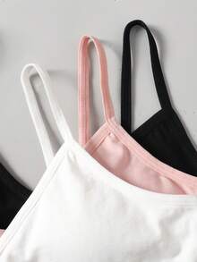 SHEIN 3pcs Tween Girls' Minimalist Comfortable Solid Color V-Neck Padded Camisole Bras Set