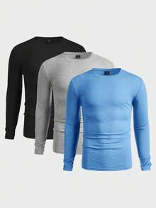 Manfinity VCAY 3 件男士圆领长袖简约针织 T 恤，休闲日常穿着 - 黑色 - 查看 5