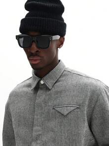 SUMWON Boxy Fit Long Sleeve Textured Overshirt With Chest Pocket Detail Button Front Casual Shirt Plain - Black and White - View 3
