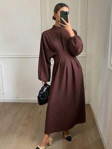 DAZY Váy dài xếp ly trơn màu thường ngày cho nữ, mùa thu - Cà phê nâu - Xem 3