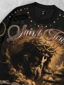 ROMWE MEN Street Life 复古街头风格做旧圣耶稣图案长袖圆领男士T恤，适合秋季穿着 - 黑色 - 查看 3