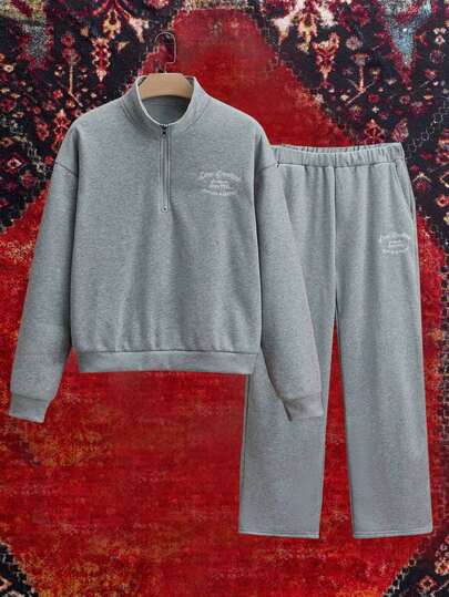 SWAVVY Men's Half-Zip Letter Embroidery Stand Collar Long Sleeve Pullover Sweatshirt And Sweatpants Set