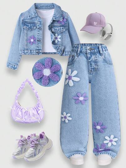 2pcs Girls Denim Outfit - Floral Embroidered Denim Jacket + Wide Leg Jeans, Fashionable Casual Set For Young Girl, Ideal Gift And Outdoor Wear