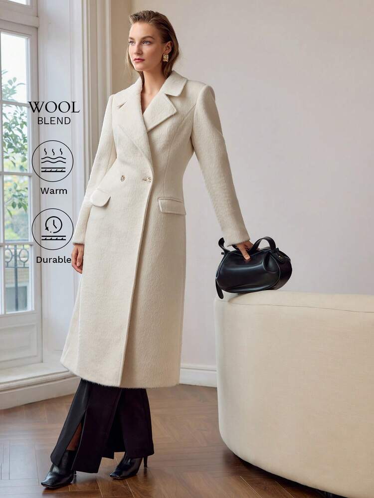 SOLID LAPEL COLLAR FLAP DETAIL DOUBLE BREASTED PLACKET LONG OVERCOAT