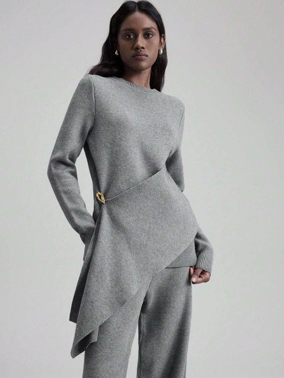 2pcs Women's Round Neck Gray Wool Blend Sweater Set,Autumn Chic Elegant Lounge Versatile Comfortable Warm Winter Clothes Co Ords Sets Women's Office