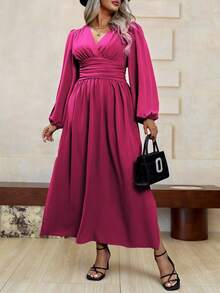 Roveilla 大码V领长袖褶皱简约长款休闲连衣裙女装 - 玫紅色 - 查看 3