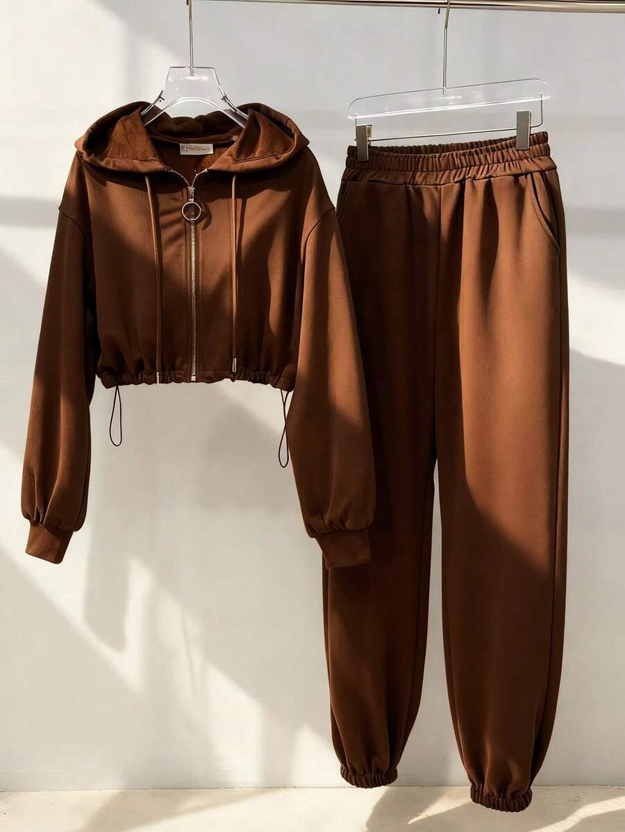 Modelyn 2件套女式休闲连帽拉链收腰长袖运动衫和慢跑裤套装