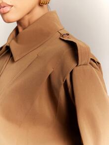 Hauture Women's Fall Winter Office Casual Daily With Shoulder Pleated Cropped Trench Coat - Khaki - View 6