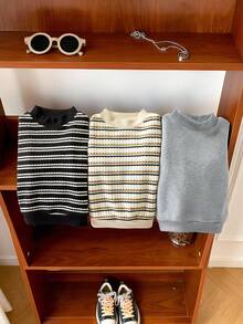SHEIN 3件套婴儿男女童休闲基础款条纹圆领卫衣，秋冬季 - 彩色 - 查看 5