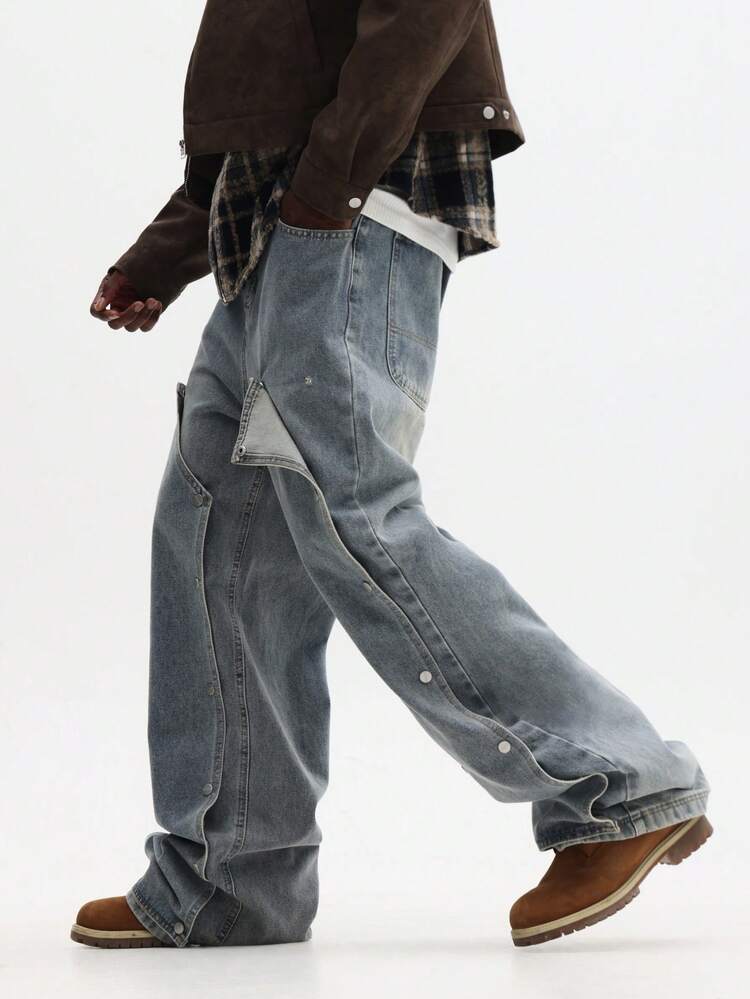Baggy Carpenter Denim Jeans With Snap Details