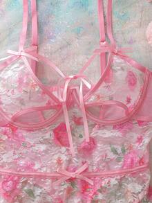 FloralLove Body transparente con estampado floral y calado para mujer - Rosa - Ver 7