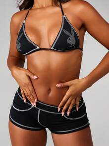 Missguided x Playboy Rhinestone Bunny Triangle Bralette And Matching Shorts Two Piece Set With Contrast Stitching Details - Black - View 4