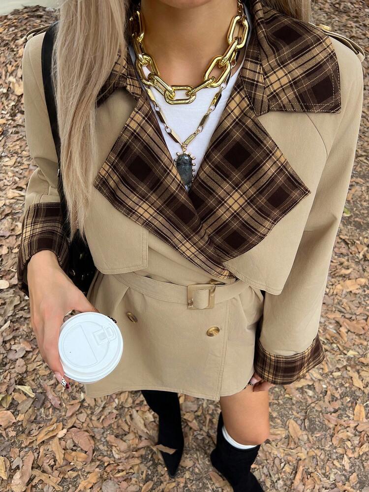 Women's Casual Contrast Color Belted Windbreaker Jacket, Autumn Business Attire