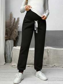 SHEIN 可调节腰部蝴蝶结装饰孕妇裤，秋季服装 - 黑色 - 查看 5