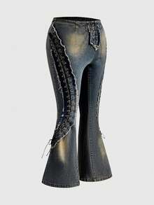 ROMWE Grunge Punk Y2K Baddie Hollow Eyelet Lace-Up Decor Plus Size Skinny Flare Jeans - Blue - View 5