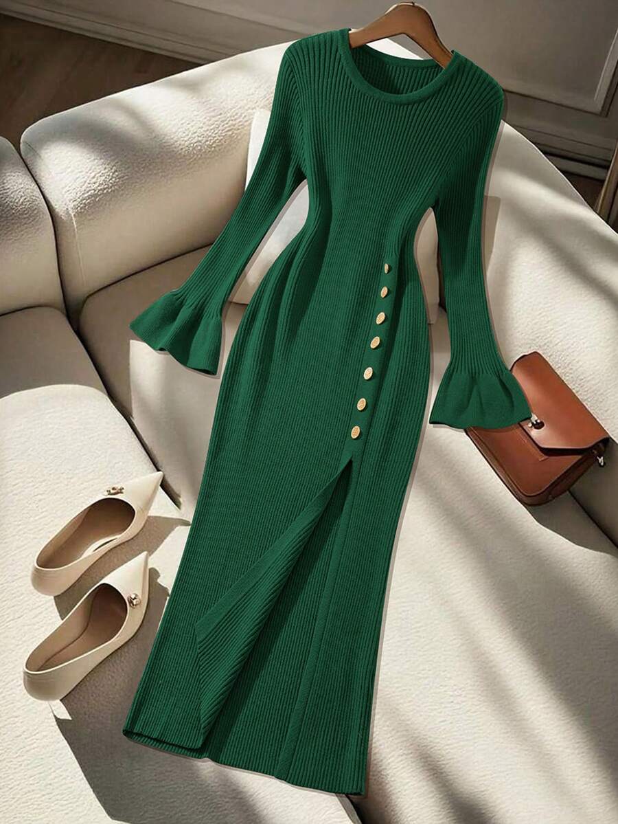 GlowEve CURVE Plus Size Elegant Solid Color Flare Sleeve High Slit Knit Dress, Autumn/Winter - Green - View 1