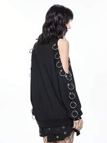 ROMWE Goth 哥特式镂空肩部金属孔眼装饰女式卫衣 - 黑色 - 查看 3