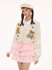 ROMWE Kawaii 女士休闲V领可爱小熊刺绣爱心蝴蝶结落肩长袖开衫毛衣 - 米色 - 查看 5