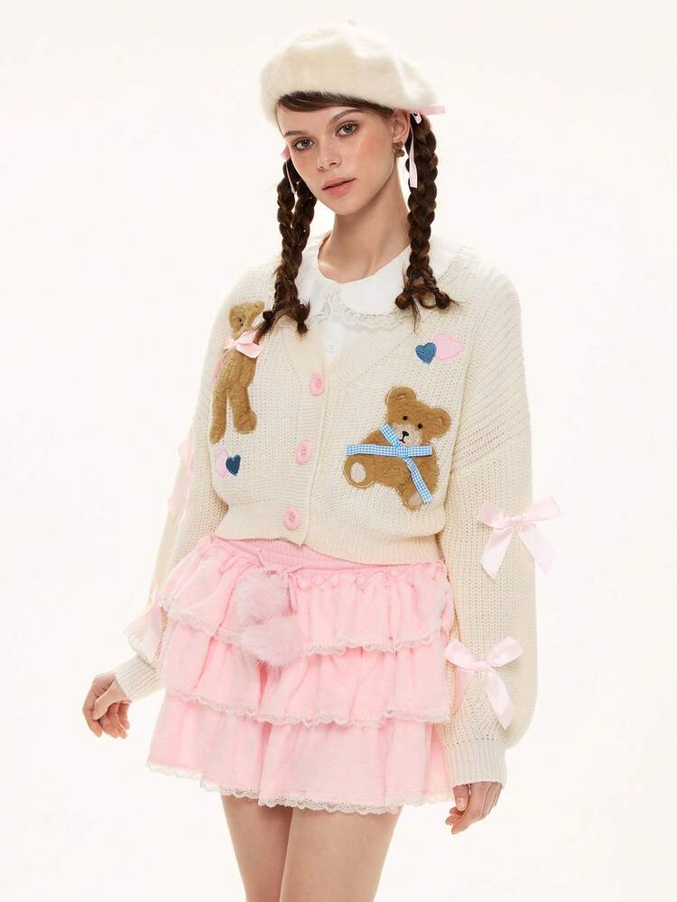 ROMWE Kawaii 女士休闲V领可爱小熊刺绣爱心蝴蝶结落肩长袖开衫毛衣 - 米色 - 查看 5