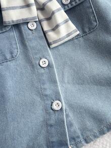 Playful Pals Baby Jungen Denim Lässig gestreifter Schalkaragen Langarmhemd, Herbst/Winter Neuankömmling, hellgewaschen blau, minimalistisches Urlaubsmode Design, Schul-Stil, vielseitige Streetwear, einfache grundlegende Klappe Tasche Dekoration, gestreifter Schalkaragen, Knopfverschluss vorne, Langarm Passform Denim Hemd, weicher angenehmer Baumwollstoff, Alltagstragen, Ausflüge, Schule, Zuhause