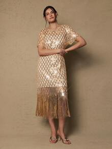 Freevana Plus Size Romantic Vintage Sequin Tassel Dress, Shiny Party Holiday New Year Dress - Champagne - View 3