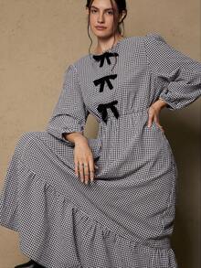 Freevana Váy kẻ caro nơ viền bèo nhún cỡ lớn, mùa thu - Đen và trắng - Xem 3