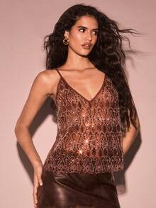 SHEIN PETITE 女士时尚派对亮片网纱吊带背心 - 咖啡棕 - 查看 5