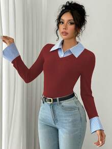 SHEIN PETITE 女款優雅酒紅色條紋拼接領長袖T恤，秋季隨性時尚返校通勤針織半開襟上衣，適合嬌小女性 - 紅色 - 查看 5