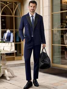 Manfinity Bizformal 男士正装商务撞色尖领双排扣西装外套和裤子套装，适合婚礼 - 藏蓝色 - 查看 6