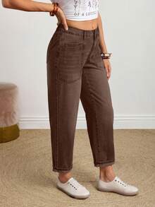 EMERY ROSE Quần jeans ống côn lưng thun co giãn giặt thường ngày cỡ lớn - Cà phê nâu - Xem 5