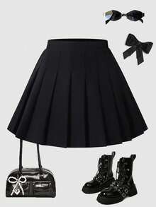 SHEIN Girls' Pleated High Waist Skirt With Built-In Safety Shorts, 2-In-1 Skirt Pants, Versatile For All Seasons, Can Be Paired With Shirts, T-Shirts, Polos, Hoodies, Jackets