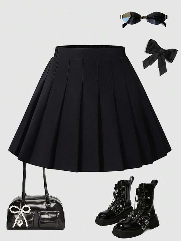 SHEIN Falda plisada de cintura alta con pantalones cortos de seguridad incorporados, pantalones de falda 2 en 1, versátil para todas las estaciones, se puede combinar con camisetas y camiseta, polos