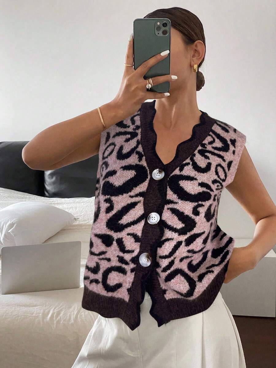 Siren Gaze Women's Casual Leopard Jacquard Knit Sweater Vest In Fall/Winter - Coffee Brown - View 1
