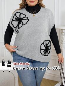 SHEIN CURVE+ Damen Oversize Pullover mit Fledermausärmeln und Blumenmuster, Herbst/Winter Strickpullover