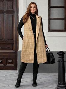 EMERY ROSE Plus Size Women's Autumn/Winter Pocket Plaid Lapel NeckLong Vest Jacket - Khaki - View 4