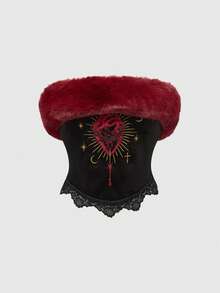 ROMWE Goth Top corset con cuello de piel sintética, bordado de corazón gótico y ribete de encaje - Negro - Ver 5