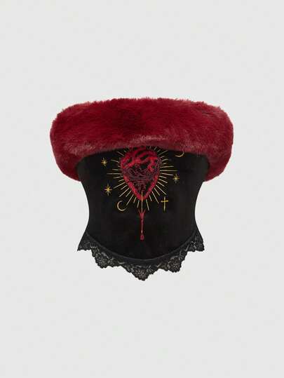 Goth توب بوستييه مزين بالدانتيل والفرو المزيف بتطريز قلب غوثي