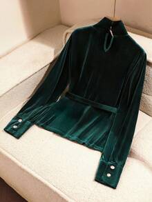 GlowEve Women's Fashion Mock Neck Elegant Belted Long Sleeve T-Shirt, Suitable For Commuting, Christmas, Back To School Season, Velvet, Casual Everyday Wear - Green - View 2