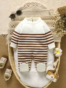 SHEIN 1pc Newborn Striped Crew Neck Long Sleeve Romper, Casual & Minimalist Design - Coffee Brown - View 5