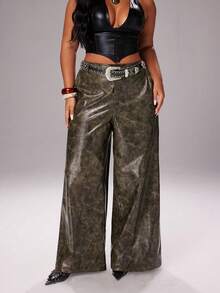 Rustia Party Fall Autumn And Winter Plus Size Retro Punk Style PU Wide Leg Pants - Brown - View 1