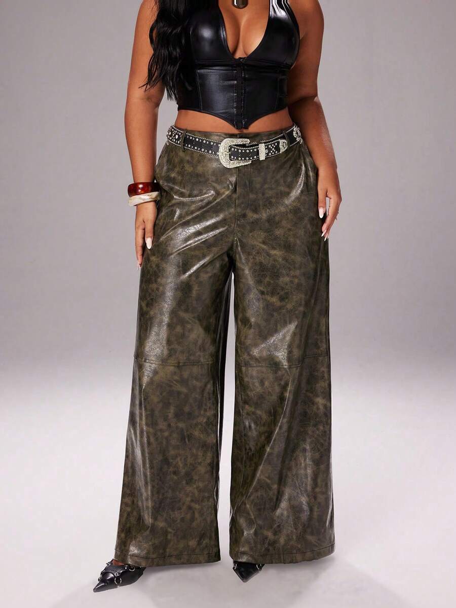 Rustia Party Fall Autumn And Winter Plus Size Retro Punk Style PU Wide Leg Pants - Brown - View 1