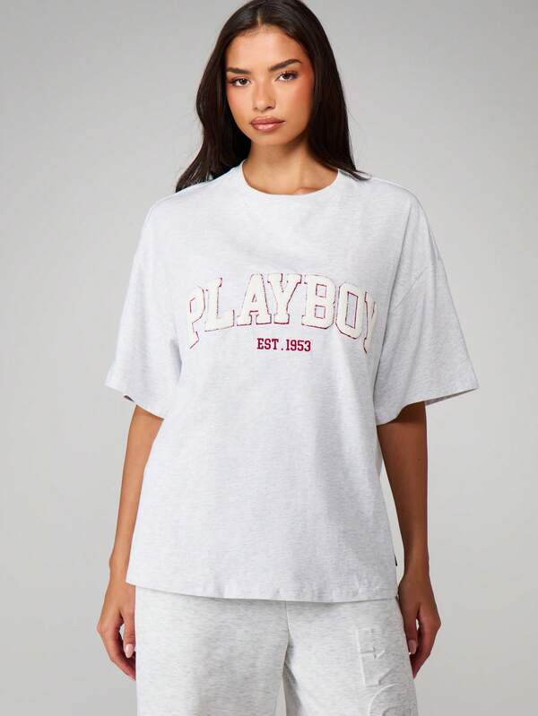 Missguided x Playboy Oversized Grafik T-Shirt mit Logo-Muster und kurzen Ärmeln für den lässigen Alltag